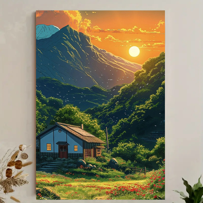 1pc Mountain Cabin Sunset Canv - مراجعة Canvas Wrap Ready وسعره